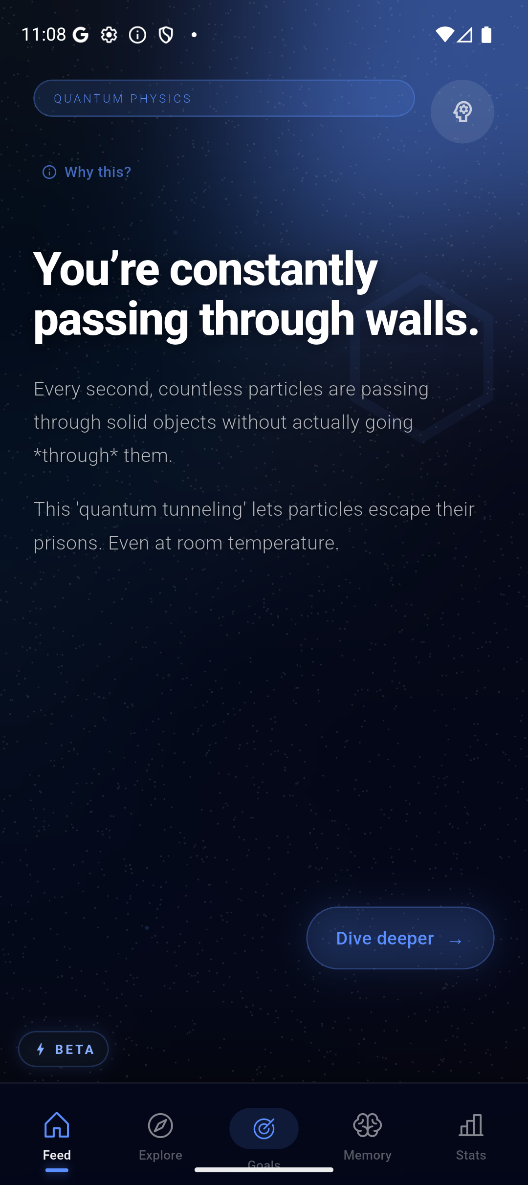 Home feed in BrainFeed showing a Quantum Physics card